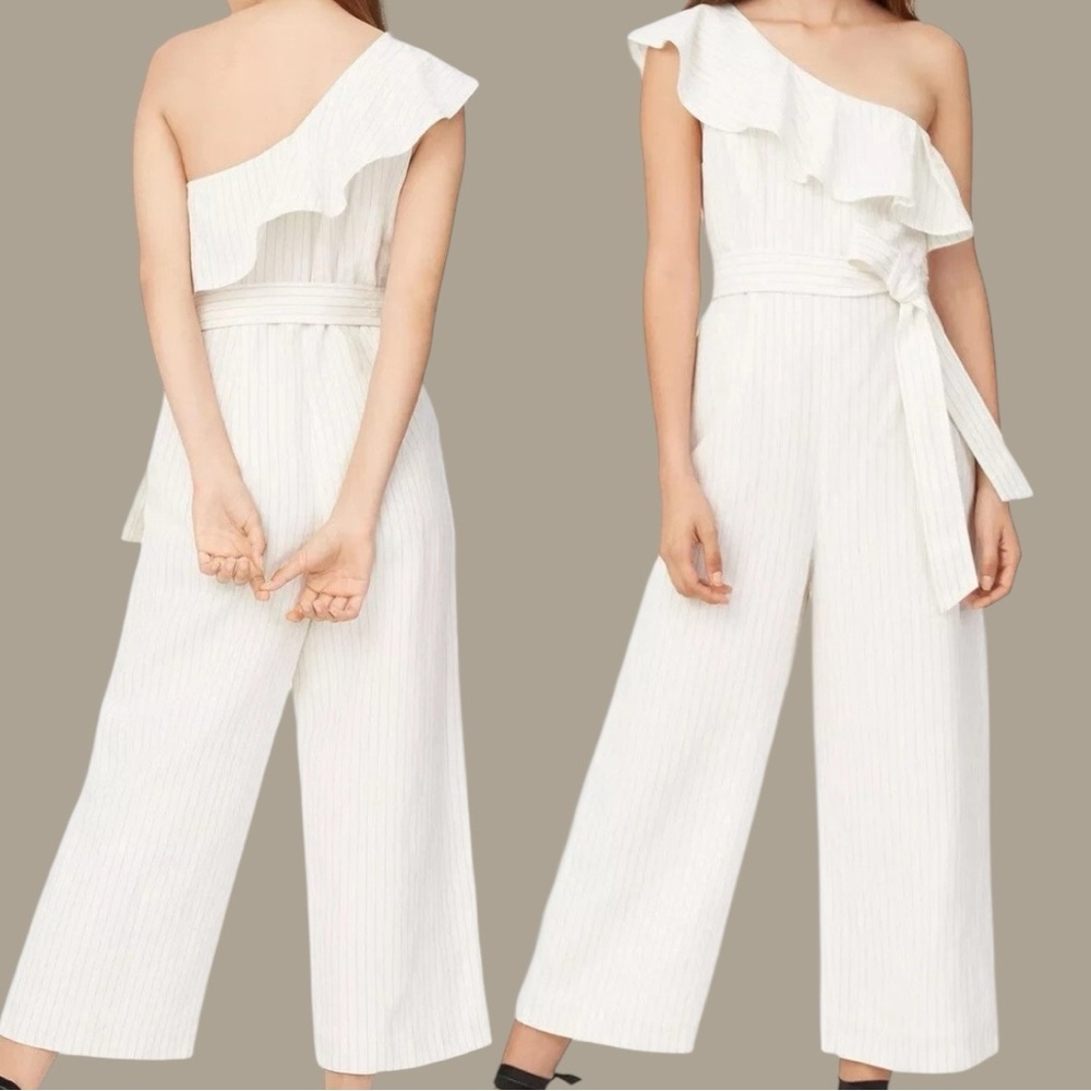 Club Monaco White Linen Blend One Shoulder Wide Leg Jumpsuit Size 0